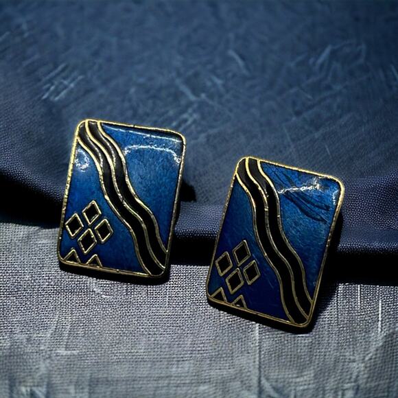 Blue, Gold & Black Enamel Post Earrings for Pierced Ears Retro 1980s Jewelry - Picture 9 of 9